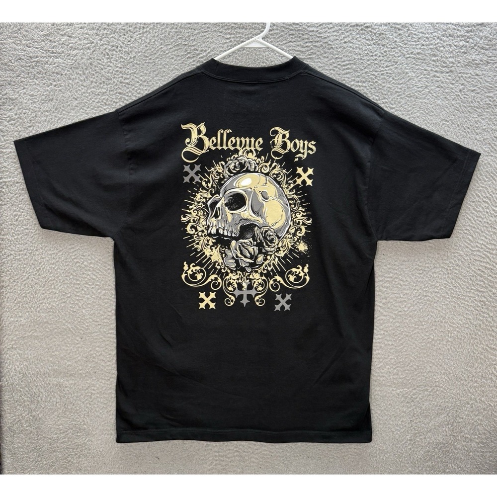 Bellevue Boys Shirt Adult XL Black Crewneck Affliction Style Skater Grunge Skull